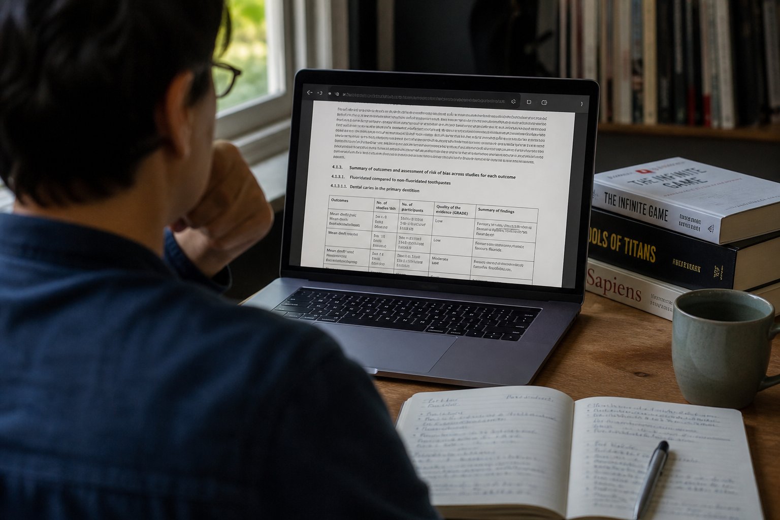 Person reading a dense document on a laptop at a desk with handwritten notes and books.