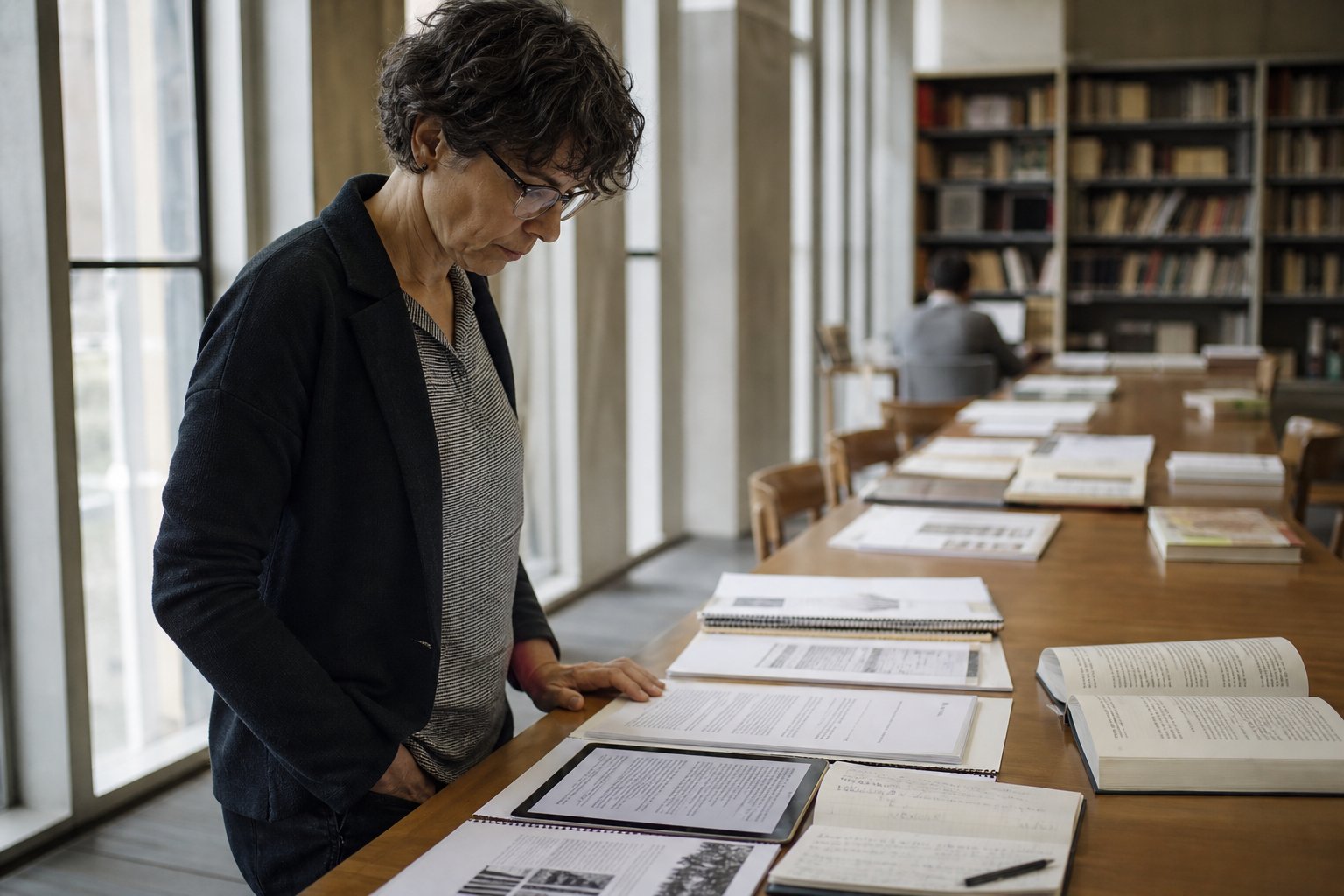 Person reviewing papers and a tablet at a long table in a quiet reading room.